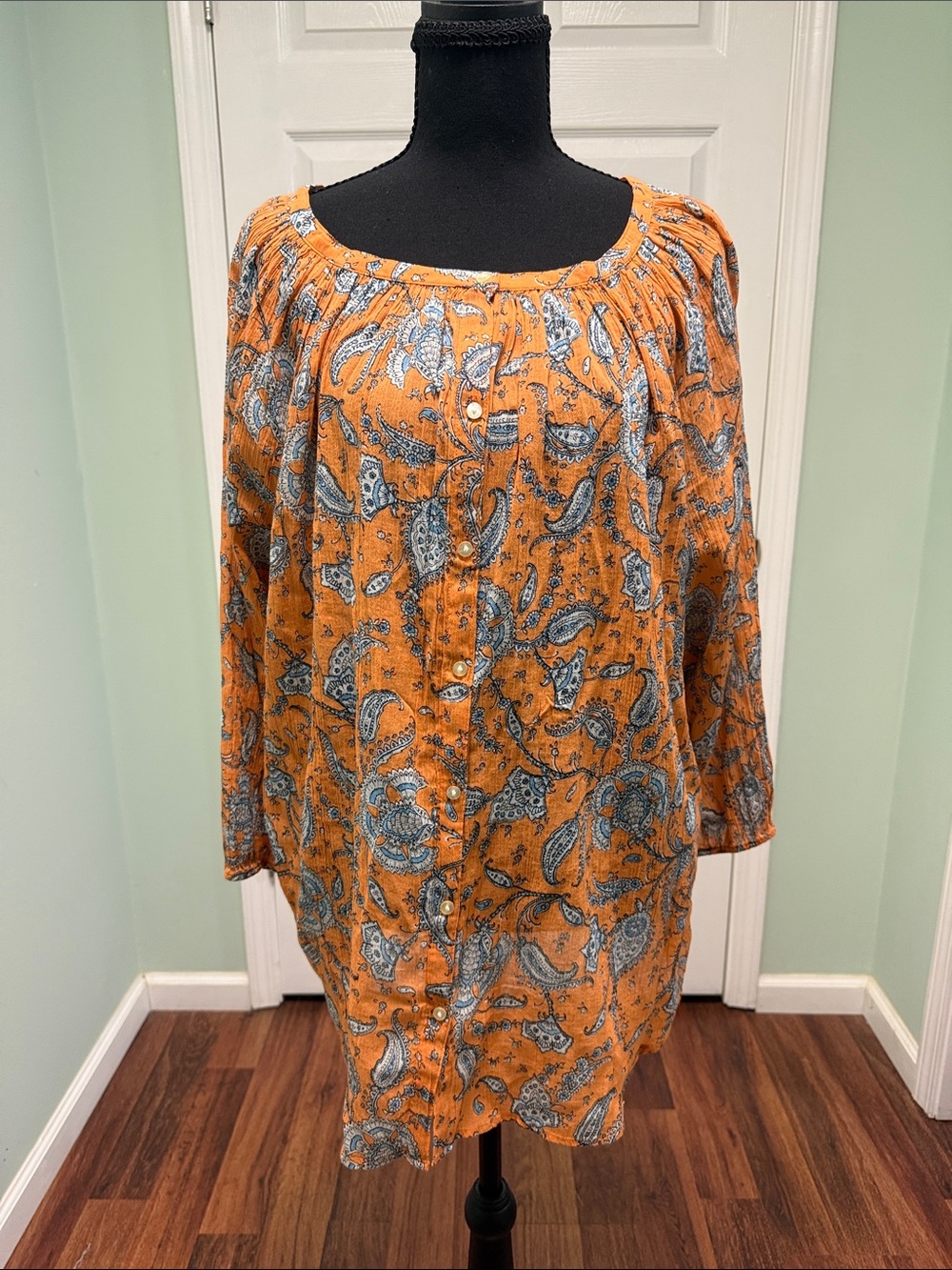 Chaps Orange Paisley Button-Front Peasant Blouse - Picture 2 of 4